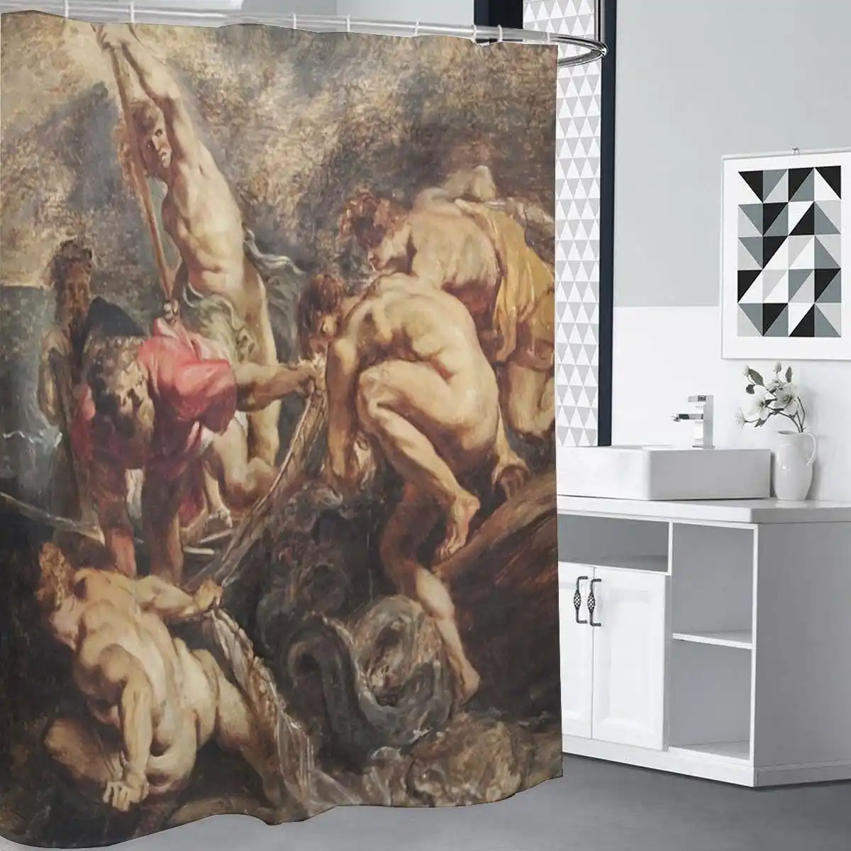 Classical Mythology Art Shower Curtain Masterpiece Mural Bathroom Decor for Luxury Spa Bathroom Design