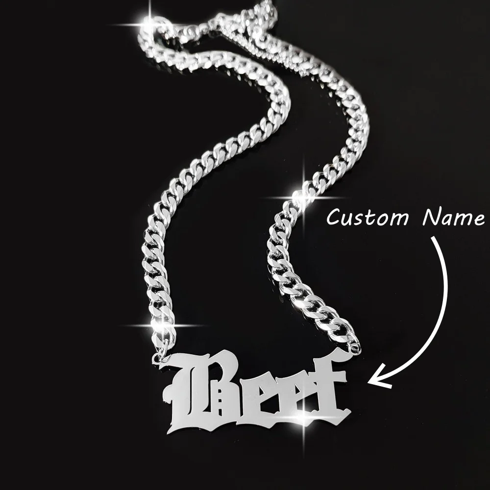 

Ожерелье с именем на заказ, персонализированное для мужчин, индивидуальное колье из нержавеющей стали с именем в старом английском стиле и цепочками на бордюре по индивидуальному заказу