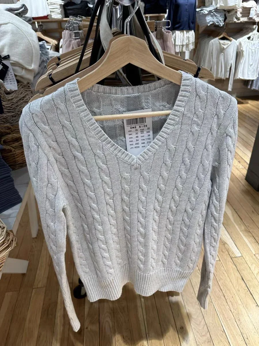 Gray Twist Flower Sweater Woman Autumn V-neck Long Sleeve Cotton Slim Jumper Top Casual Sweet Preppy Style Knit Sweaters Y2k 4