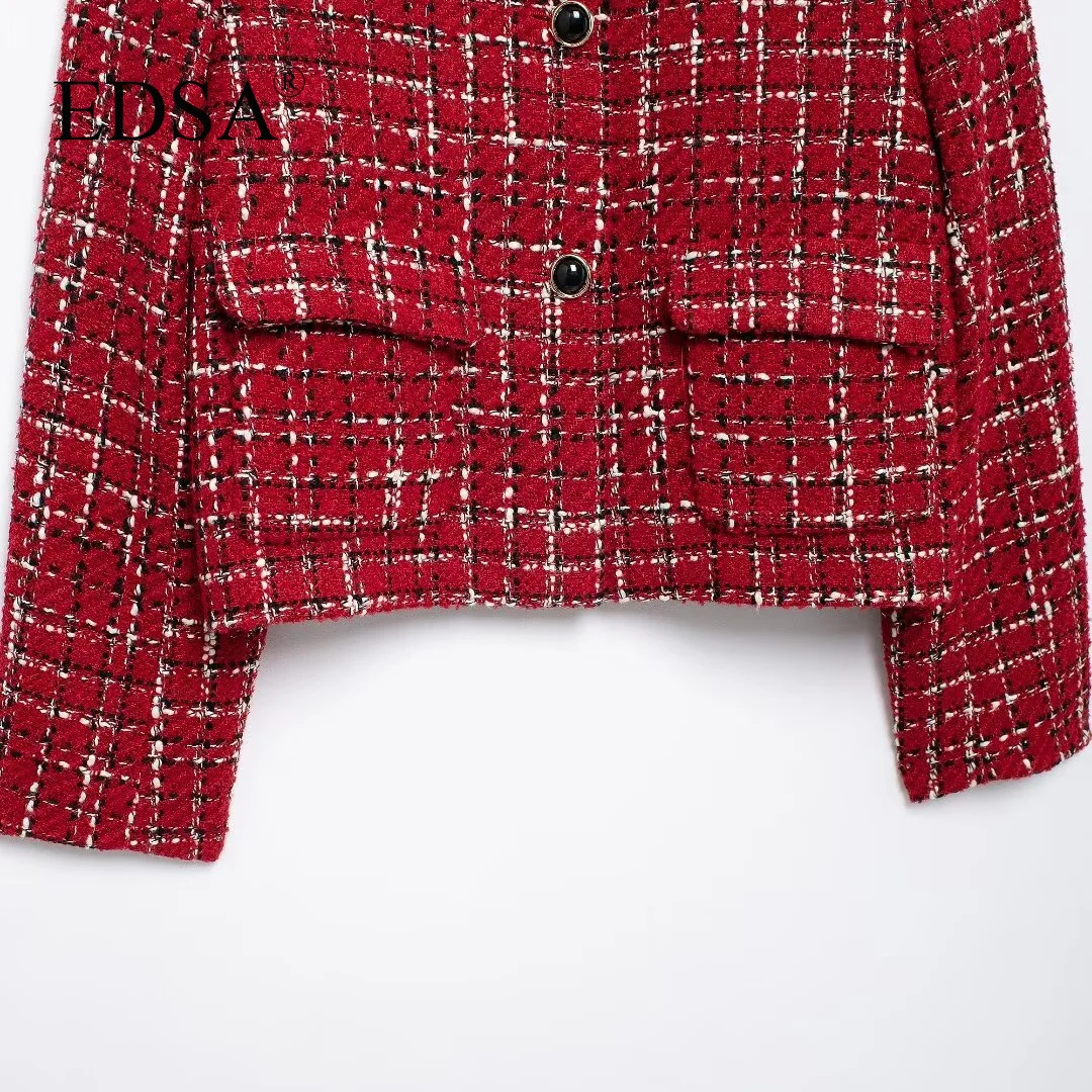 سترة نسائية من التويد باللون الأحمر من EDSA مع وسادات كتف وجيوب واحدة الصدر لملابس خارجية نسائية غير رسمية #4