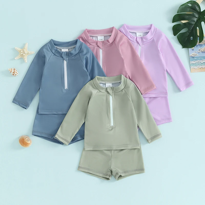 

0-5Y Kids Swimwear 2 Piece Set Beachwear Front Zipper Long Sleeve Swimsuits Swim Shorts Toddler Bathing Suits for Boys Girls