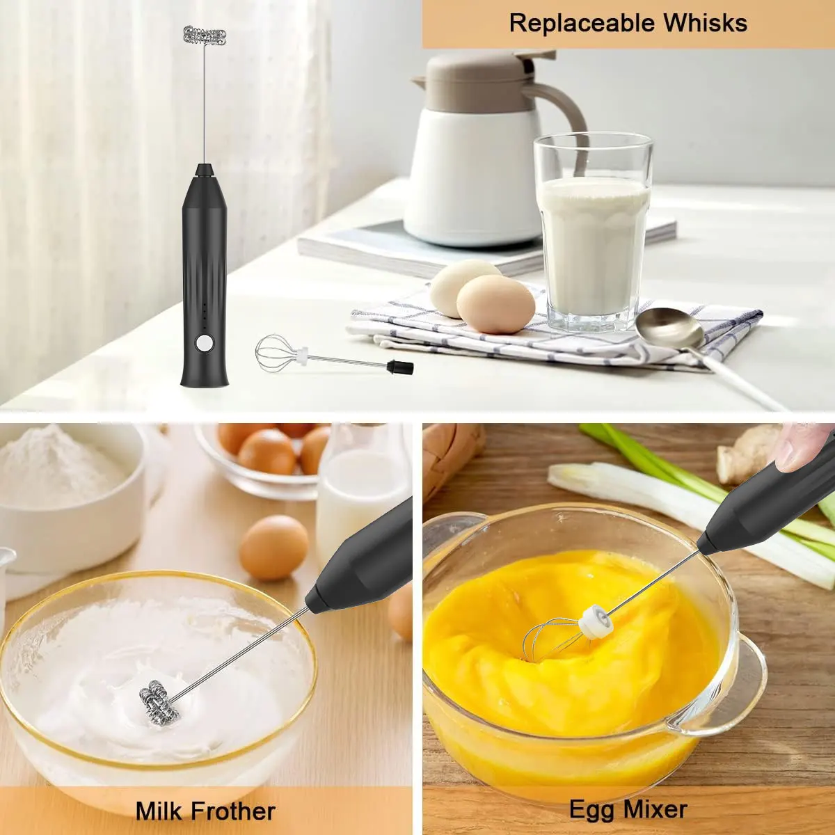 3-Speed Rechargeable Milk Frother Electric Milk Foam Maker,Coffee Whisk With 2 stainless Steel Whisks