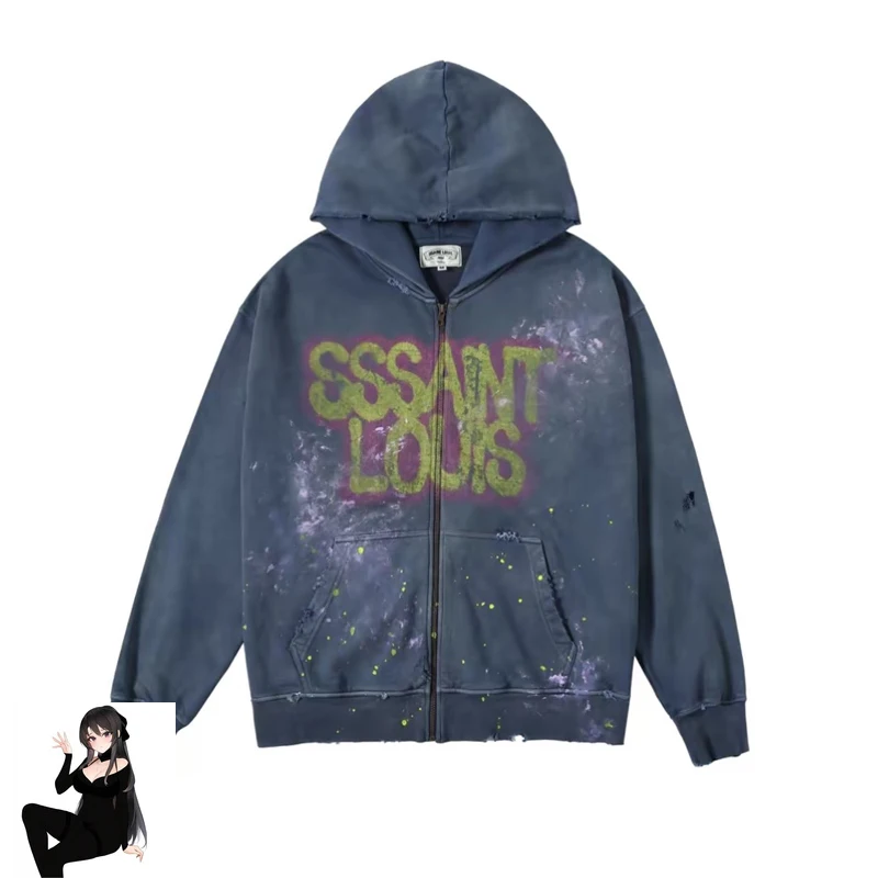 SSSAINT LOUIS Spray Painted Logo Long Sleeved Zipper Hoodie Sweatshirt Men Women Best Quality Casual Loose Hooded Pullover