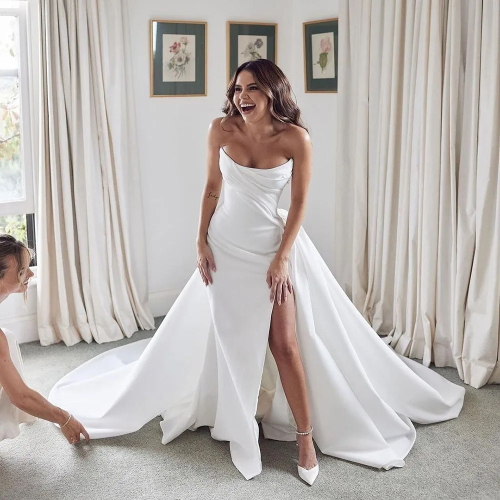 Vestidos de casamento de cetim sexy com trem querida fenda vestidos de casamento vestidos de noiva brancos customzie para medidas 2025 robes civis