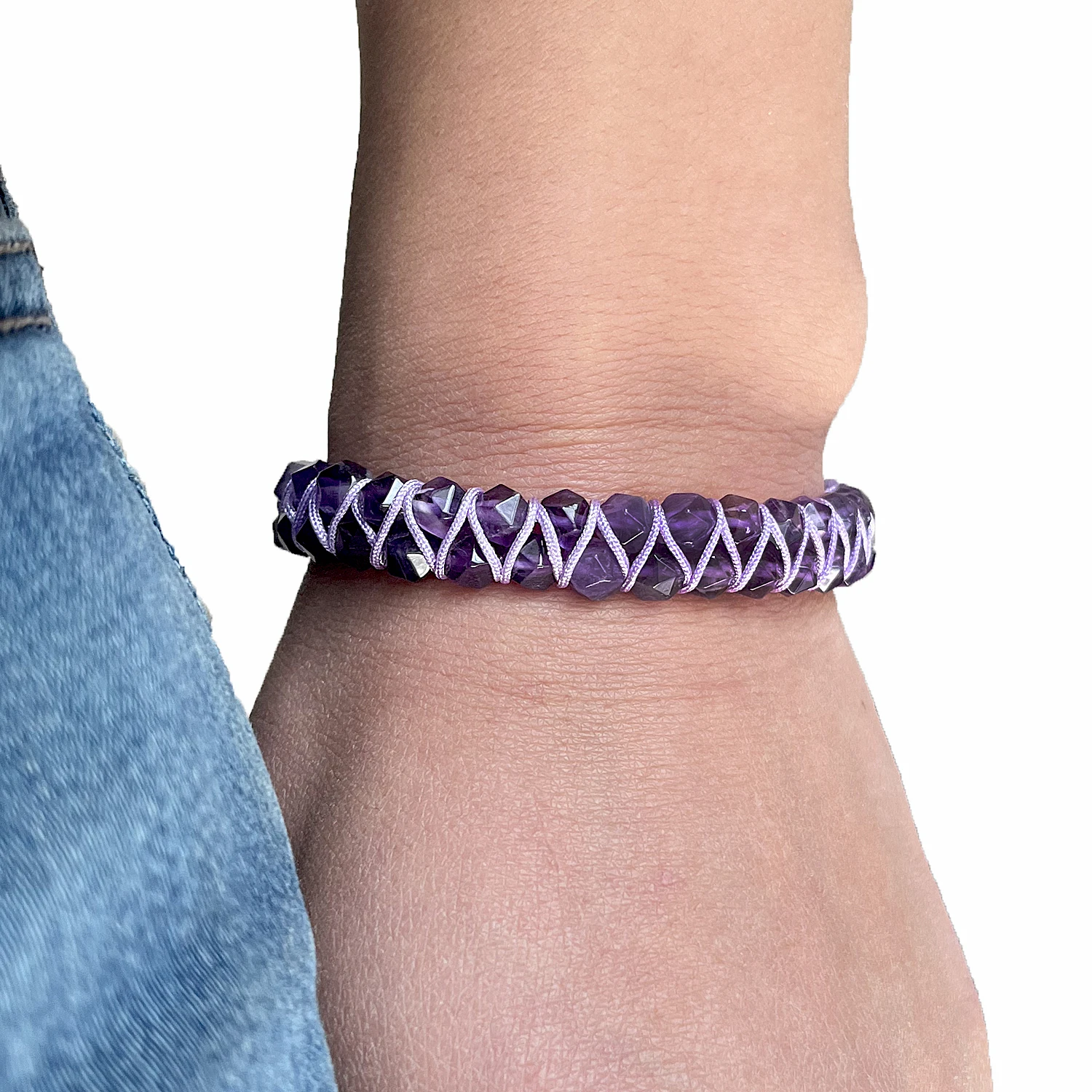 Friendship 6mm Natural Purple Amethyst Faceted Stone Wrap Bracelets Women Braided Yoga Bangle Bohemian Hand-woven Jewellery