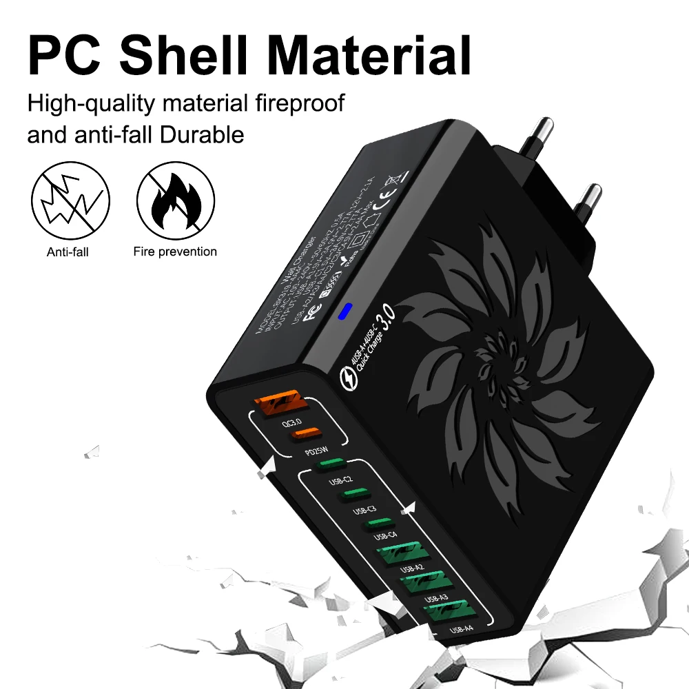 شاحن جداري للشحن السريع للآيفون ، وسامسونج ، وشاومي ، وهاواوي ، وأوبو ، ومحول للهاتف المحمول ، وإجمالي 8 في 1 ، وw ، و 4 USB ، و 4 Type C