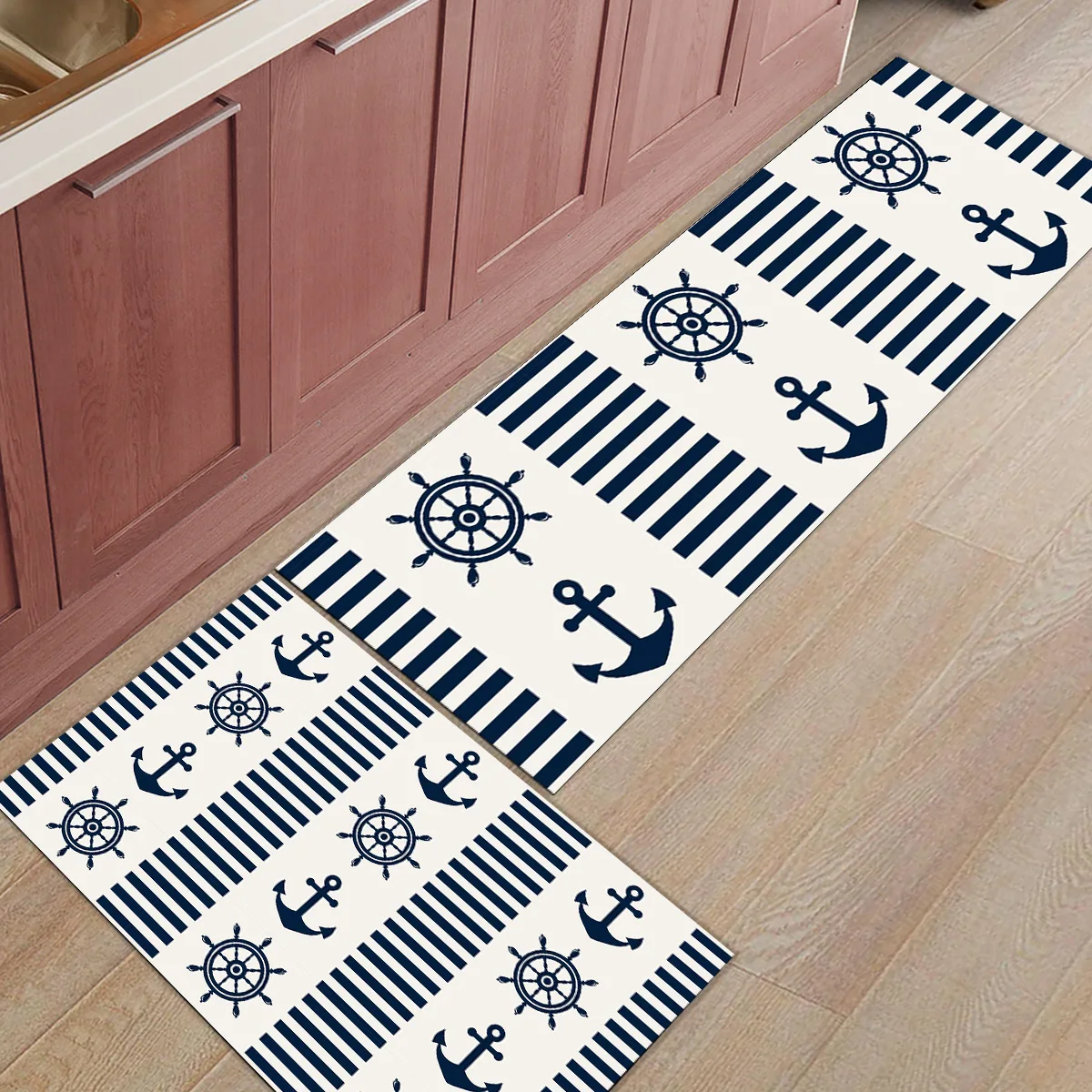 Dark Blue Stripes Anchor Carpet Kitchen Floor Mat Home Entrance Doormat Anti-slip Bathroom Area Rug Home Floor Decoration 1PC