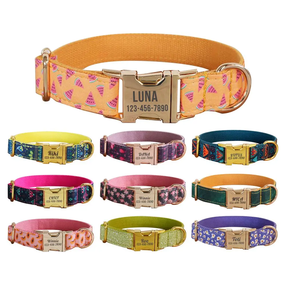 

Free Engraving Fruits Flowers Bohemia Dog Collar,Customized ID Buckle for Small Medimum Large Dogs, Matching Leash