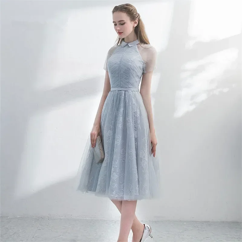 Customization Cocktail Gowns Gray Tulle Lace Short Sleeve A-line Tea-Length Zipper Plus size Customized Women Party Formal Dress