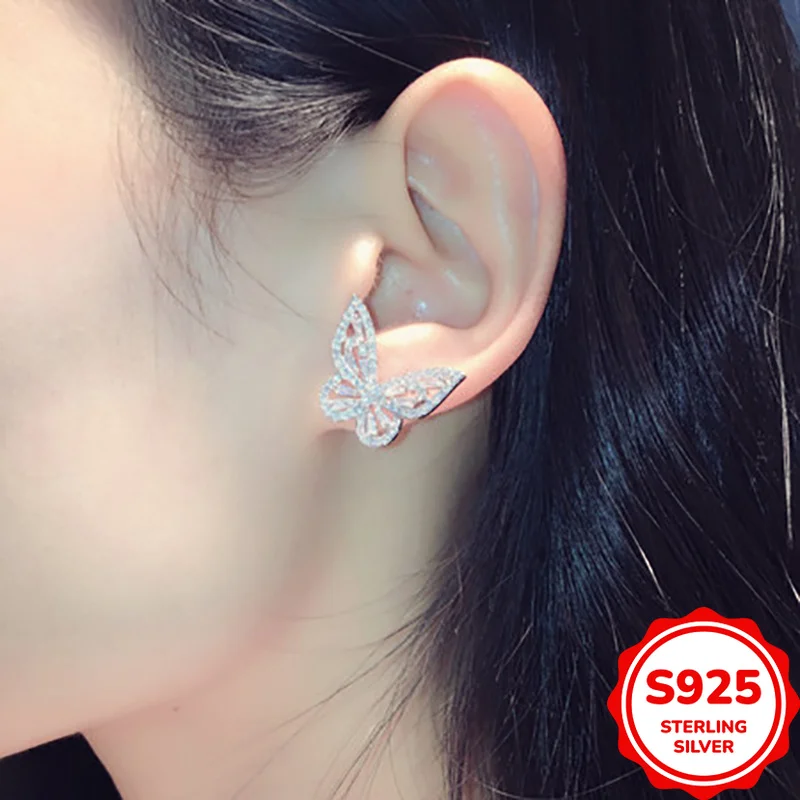 Classic Fashion Versatile Genuine S925 Silver Hollow Full Diamond Butterfly Elegant Women's Earrings
