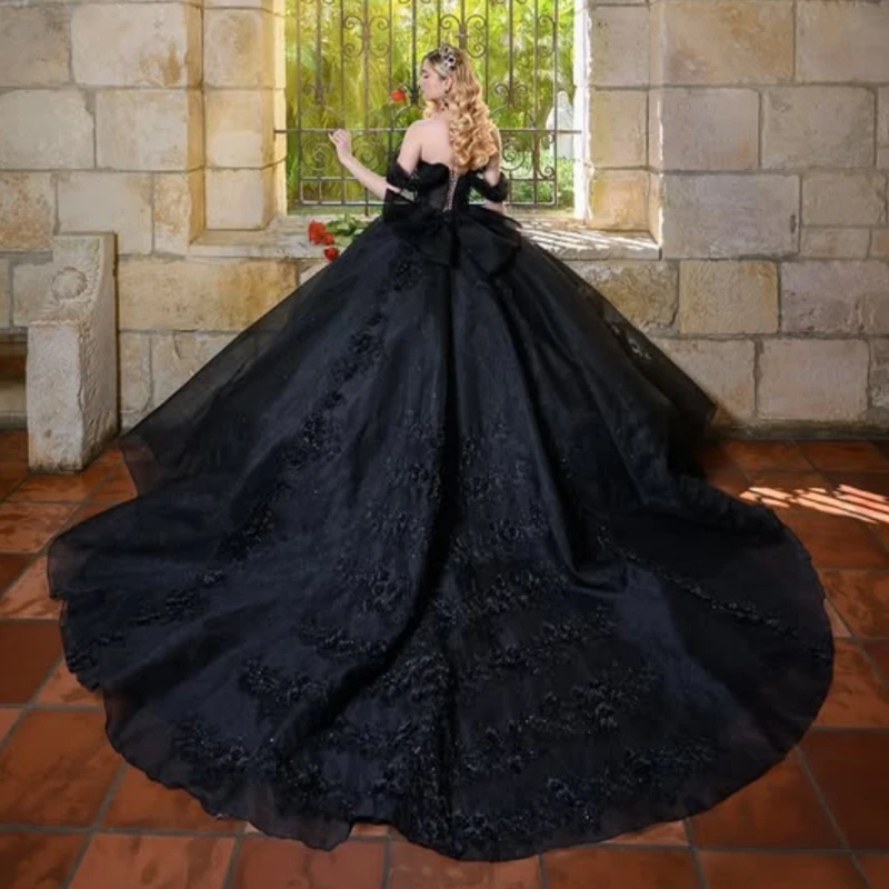 블랙 킨세아녜라 드레스 볼 가운 오프숄더 아플리케 레이스 비즈 튤 코르셋 파티 생일 스위트 16 드레스 베스티도스 15