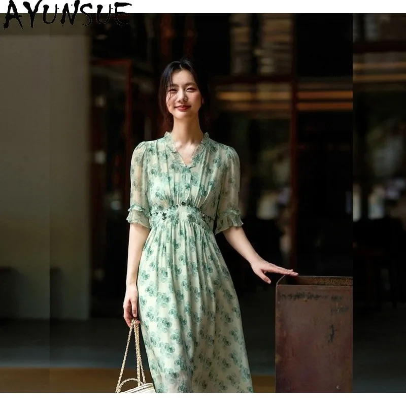 AYUNSUE 100% vestidos elegantes de seda Mulberry para mujer, vestidos verdes de verano con cuello en V, vestidos largos, ropa de mujer, Vêtement Femme