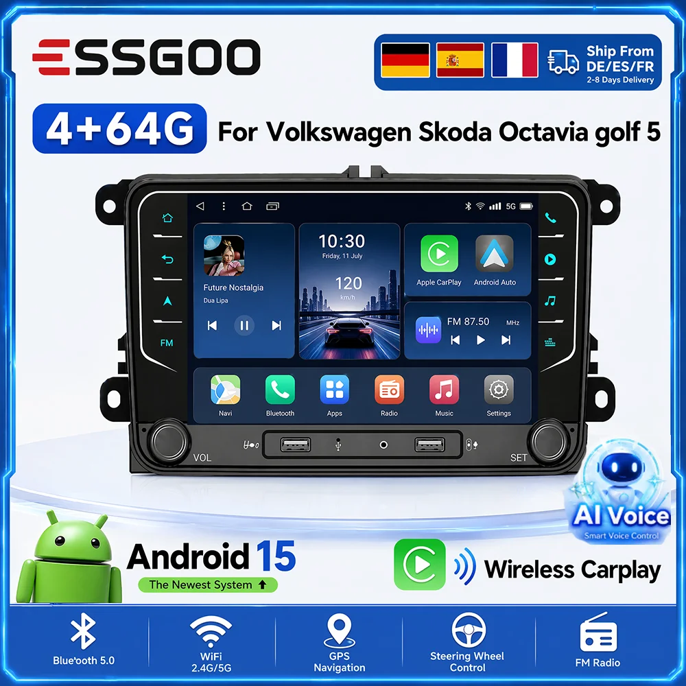 ESSGOO 2 Din Android 15 Autoradio Kabelloses Carplay Auto-Multimedia-Player GPS WiFi Für Volkswagen Skoda Octavia Golf 5 6 Touran Passat Polo Jetta