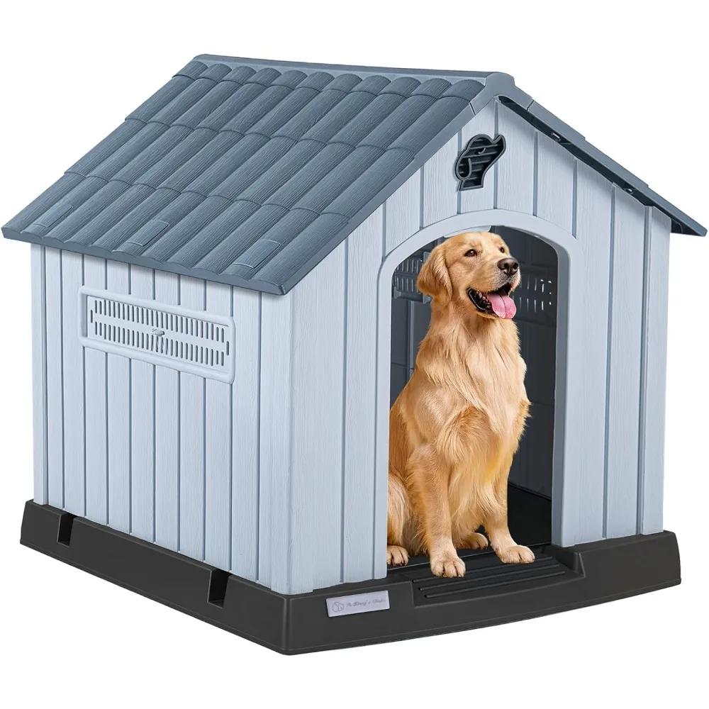 

Large Plastic Dog House for Medium Large Dogs, Durable Waterproof Indoor Outdoor Doghouse with Air Vents and Elevated Fl