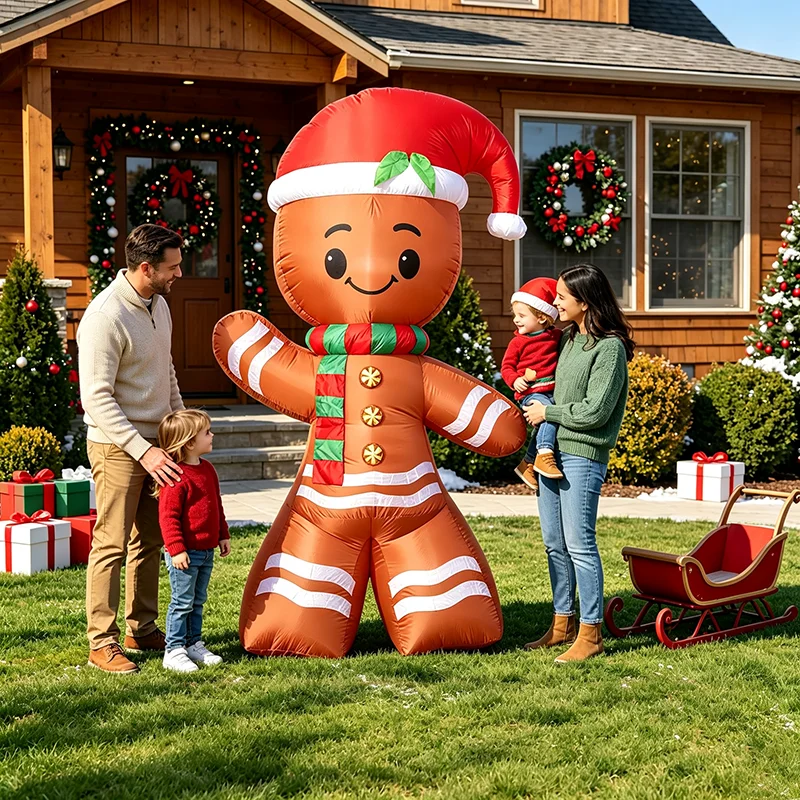 7.8FT LED Light Up Gingerbread Man Inflatable Cheerful Christmas Blow Up Decor with Santa Hat Scarf Winter Holiday Quick Inflate for Outdoor Yard Garden Lawn Chird Party Inflatable Decorative Item