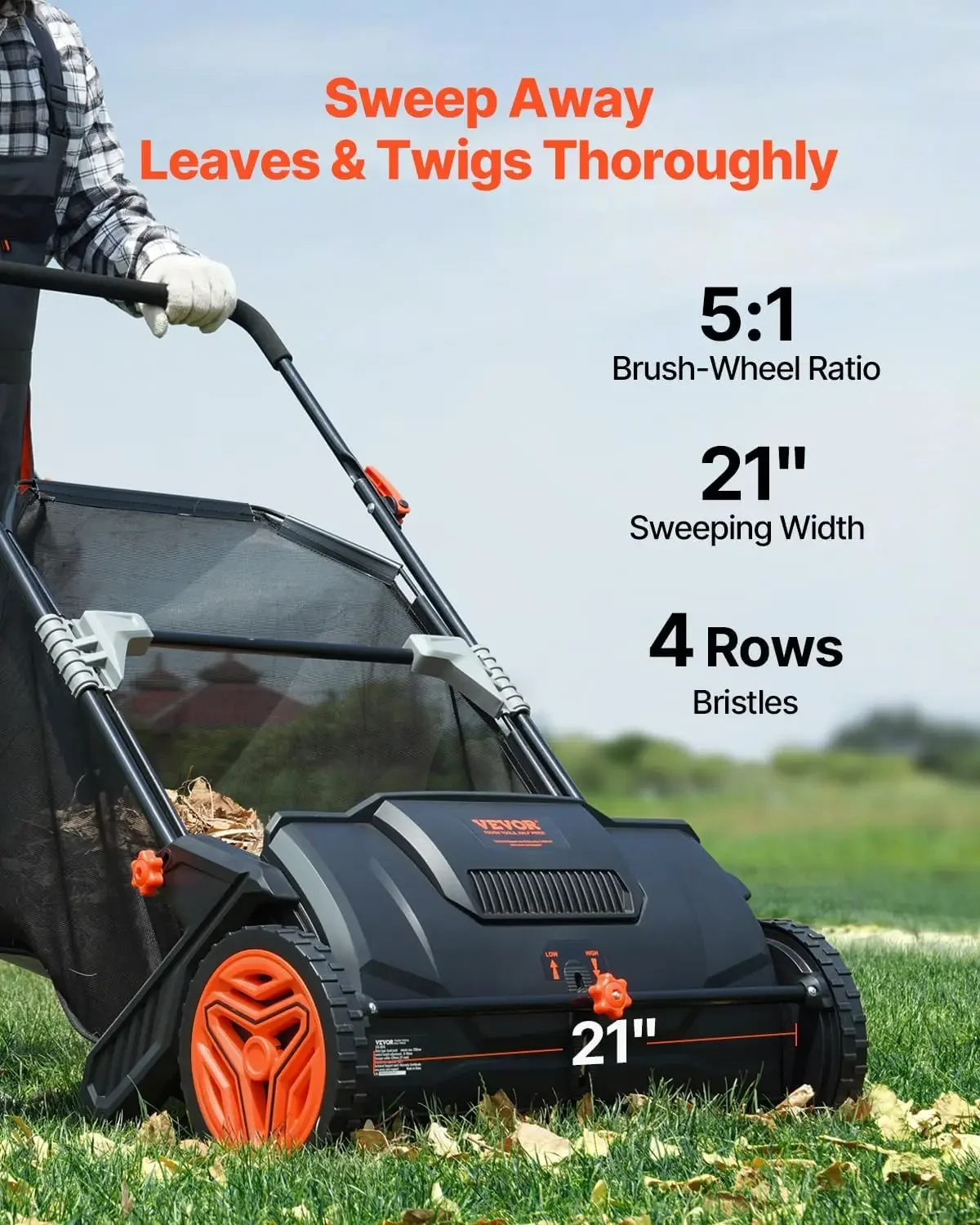 Push Lawn Sweeper, 21-inch Leaf & Grass Collector, Strong Rubber Wheels & Heavy Duty Thickened Steel Durable to Use