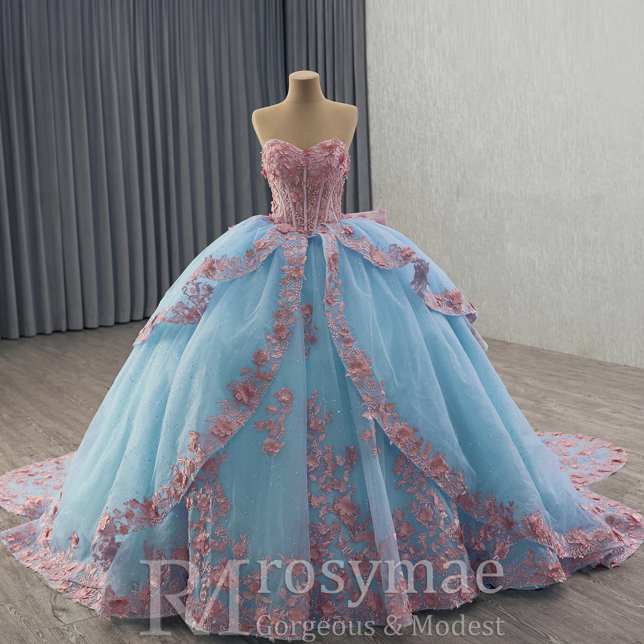 فستان Quinceanera أنيق باللون الأزرق المخضر والوردي من Rosymae مع تصميم قابل للفصل وأكمام طويلة مكشوفة الكتف لؤلؤ مطرز للاستخدام الرسمي #3