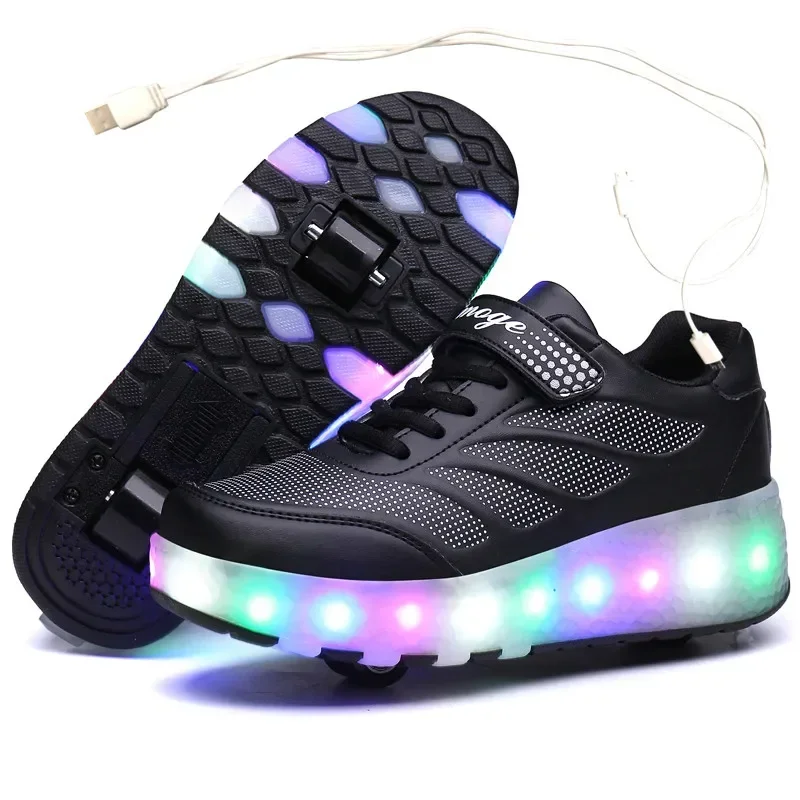 Ładowanie przez USB Czarne dwukołowe świecące trampki Led Light Roller Skate Shoes dla dzieci Buty LED dla chłopców i dziewczynek 28-43