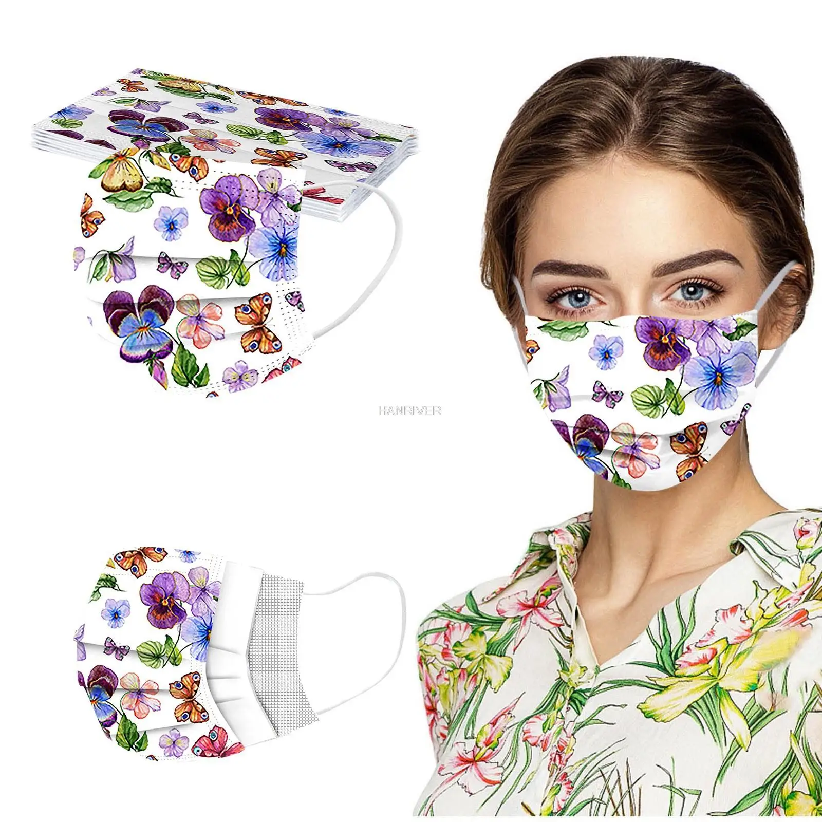 

50 шт. в упаковке одноразовых респираторов, выдувная расплавленная ткань, вешалки для взрослых, модная защитная маска с принтом, плавильный спрей, пылезащитная маска