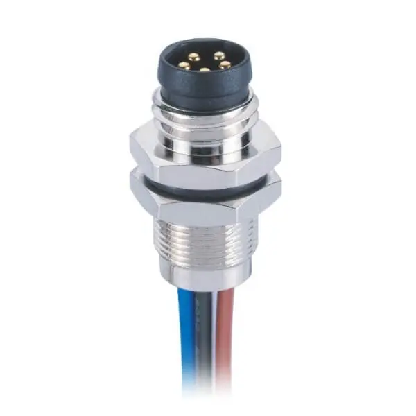 M8 5 Pin Back Mount Socket B Coding Male Panel Mount Straight Waterproof Solder Type With 1M 24AWG Wire
