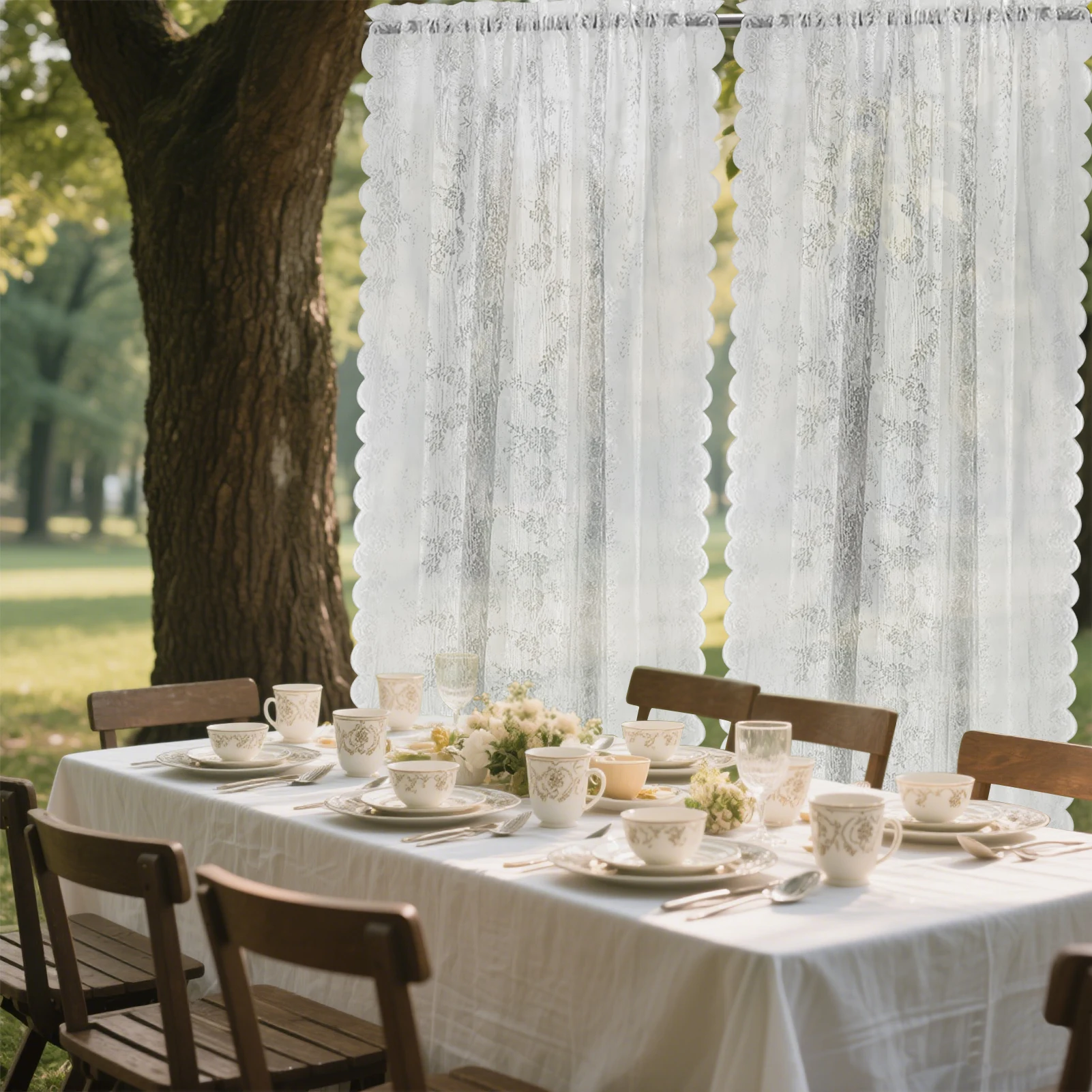 2 Stück Vintage-Blumenstickerei, Spitze, transparenter Vorhang, weiße französische Türvorhänge für Schlafzimmer, Küche, Fenster, feine Vorhänge – Detail 4