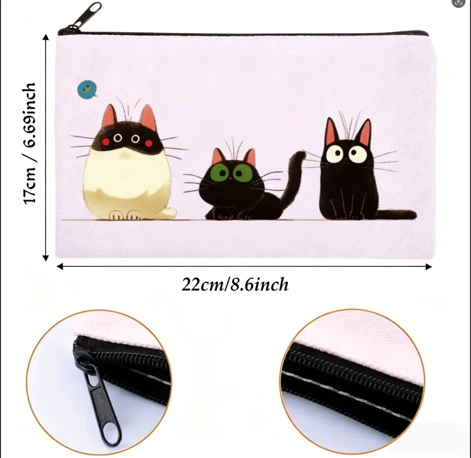 

1PC Cute Three Black & White Cats Canvas Makeup Bag, Double Sided Cosmetic Pouch