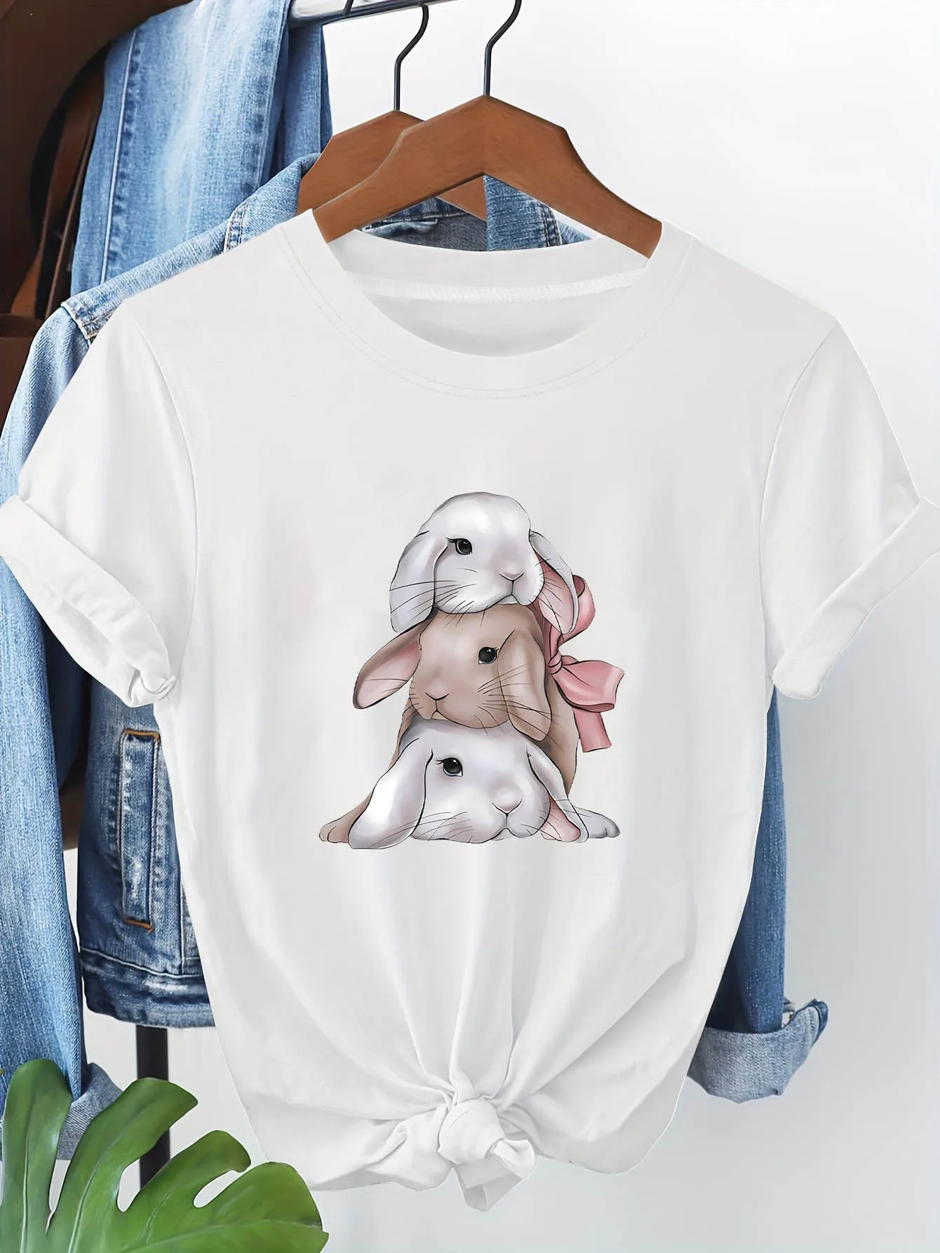 Stacked Bunnies Cute Graphic Print T-shirt Sleeve Crew Neck Casual Top for Women'S Clothing Ideal for Casual Outings