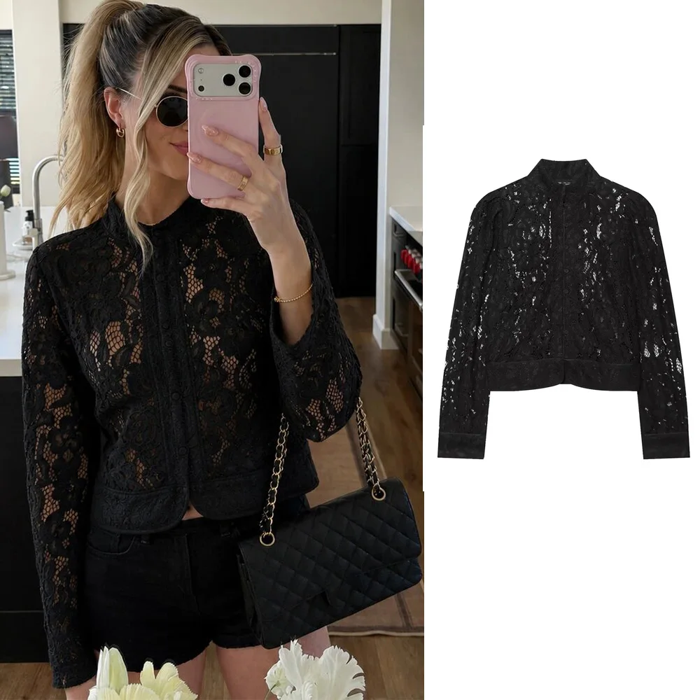 Autumn Elegant Black Cropped Lace Blazer Jacket For Women Long Sleeve Stand Collar Lightweight Sheer Suit Coat Female Streetwear