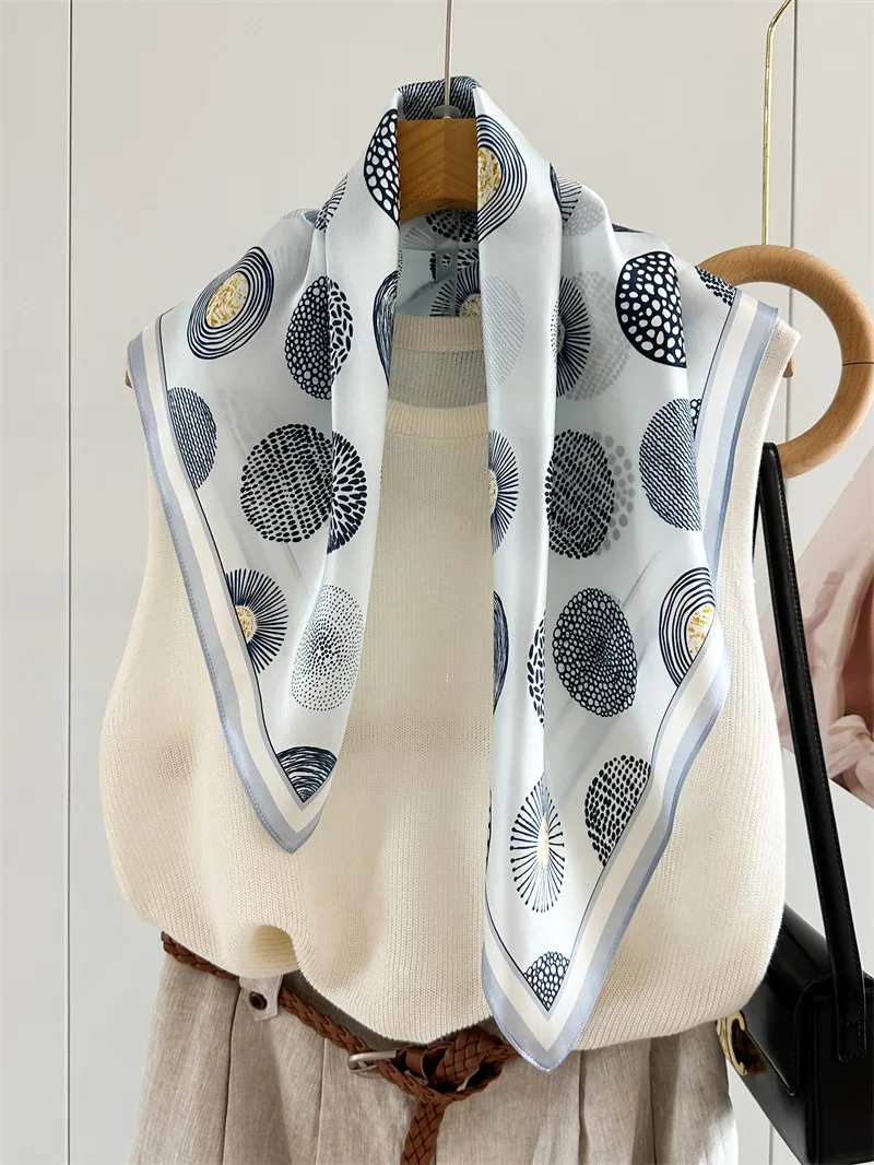 2026 Women 100% Silk Square Scarf Geometric Circle Dot Print Bandana Neck Scarves Elegant Decorative Hair Handbag Scarf