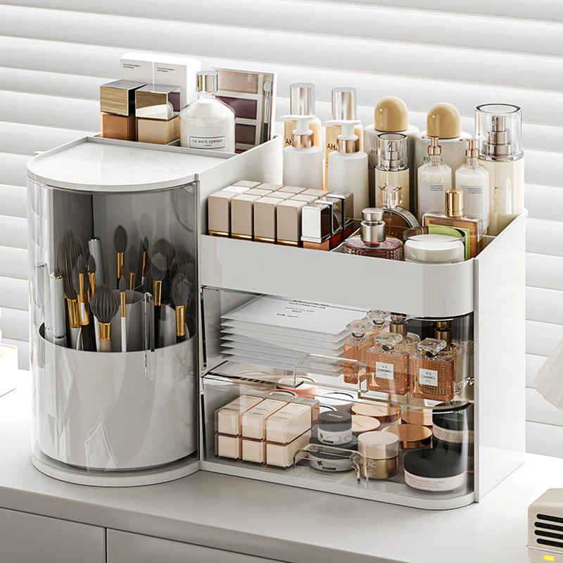 

1 Pcs Rotating Brush Stand Makeup Storage Box with Drawers - Countertop Cosmetic Organizer for Dressing Table Display & Storage