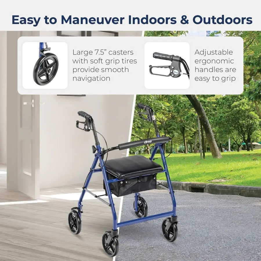 Medical R728BL Foldable Rollator Walker with Seat, Blue