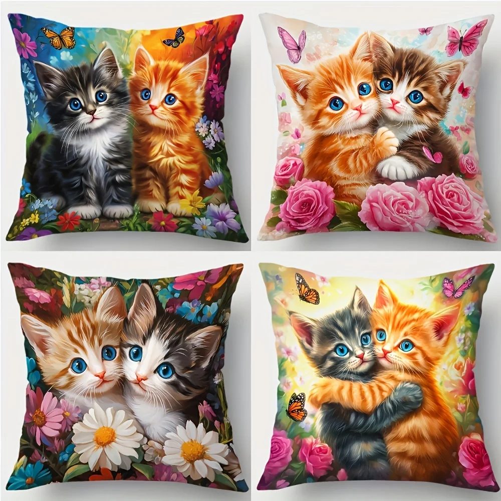 1PC 2D Flat Cute Kittens Floral Throw Pillow Covers Spring Garden Cat Themed Cushion Cases For Home Sofa Bedroom Decor