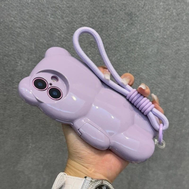 

Милый чехол с 3D мультяшным медведем для iPhone 16, 15, 14, 13, 12, Pro Max Plus, мягкий чехол с цветным лазерным радужным градиентом и ремешком на запястье