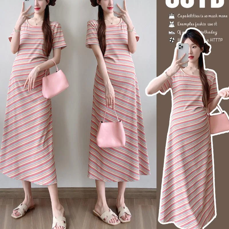 

Maternity Colorful Striped Short Sleeve Dress Pregnancy Clothing Short Sleeved Maternity Woman Casual Striped Dresses