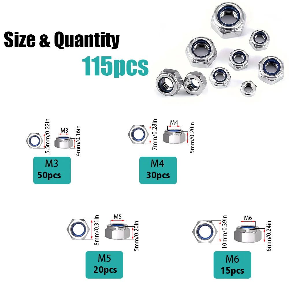 115 Pieces of Stainless Steel Nylon Embedded Anti-Slip and Anti-Loosening Self-Locking Nuts, M3 M4 M5 M6