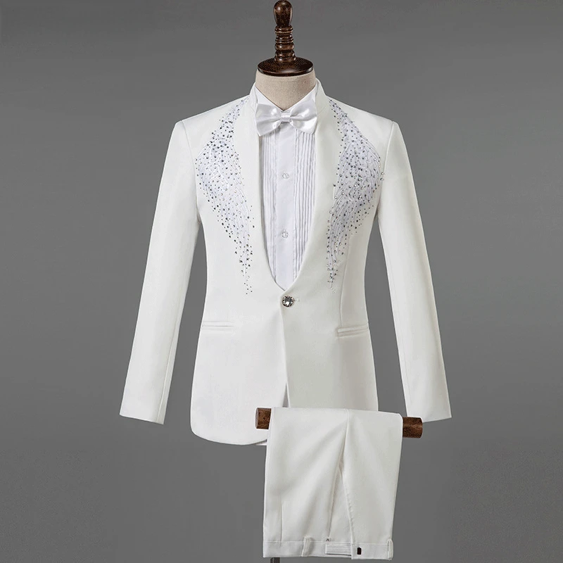 White Wedding Groom Dress Suit Men Costume 2020 Stylish Diamond Embroidery Slim Fit Tuxedo Mens Suits With Pants