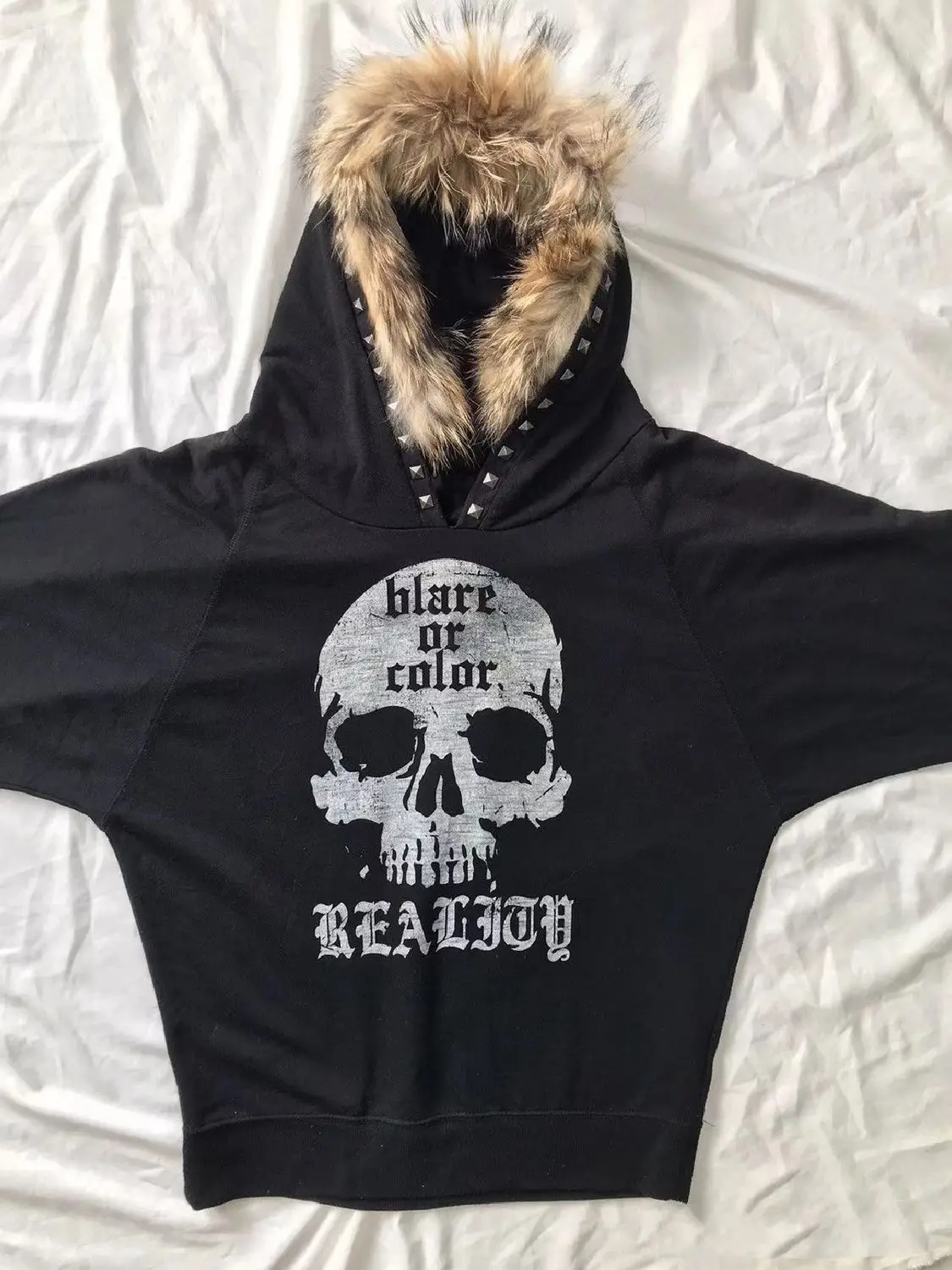 American retro hottie Vintage furry skull letter print hooded Harajuku casual retro cute cool velvet sweatshirt top