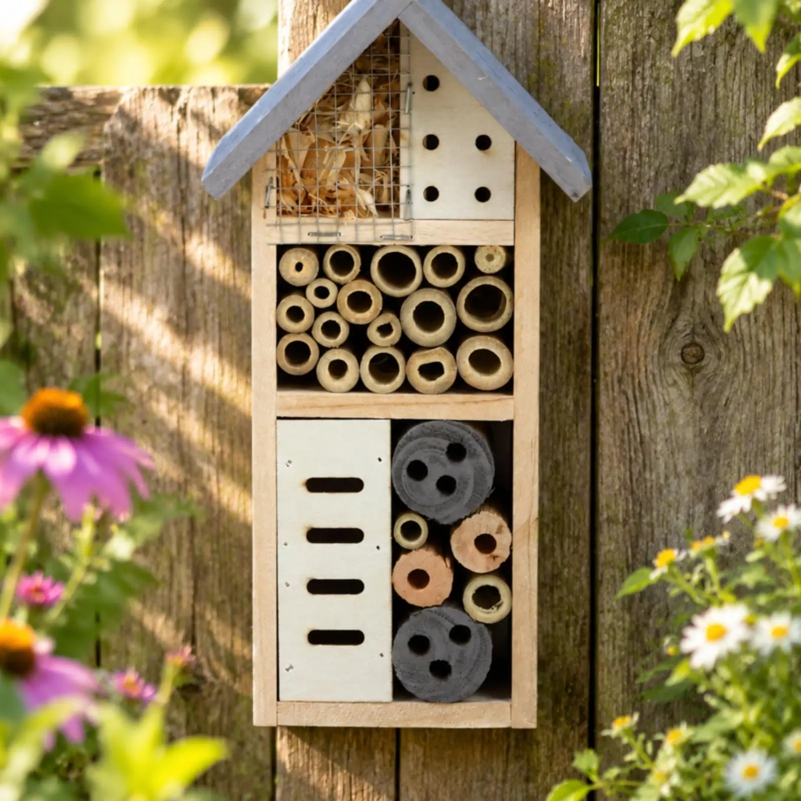 Handcrafted Wood Shelter for Garden Pollinator House with Pitched Roof and Fiber Fill