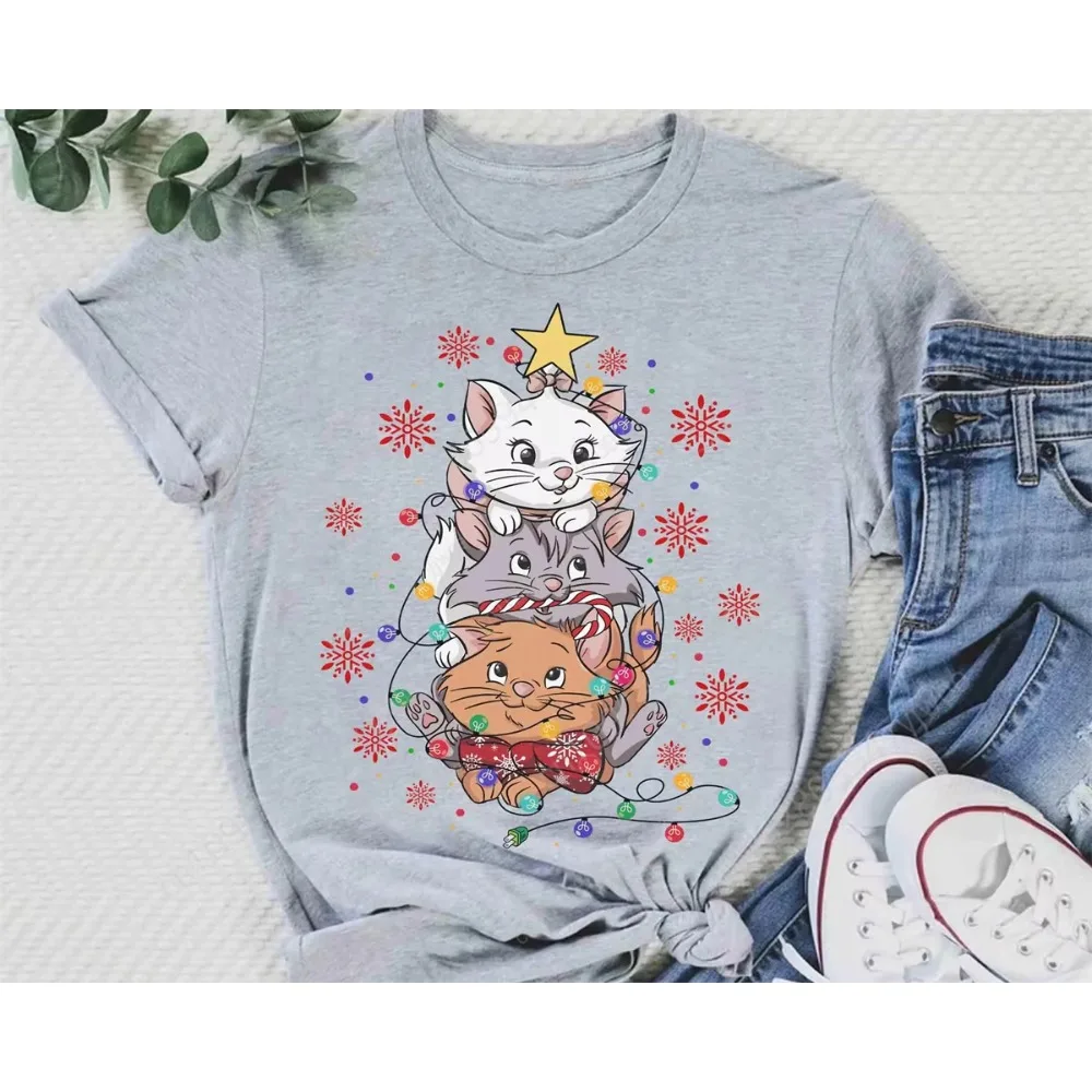 アリストキャッツ マリー クリスマス ライト シャツ ファミリー クリスマス シャツ ゆったり&快適なトップス 夏用 レディース コットン Tシャツ