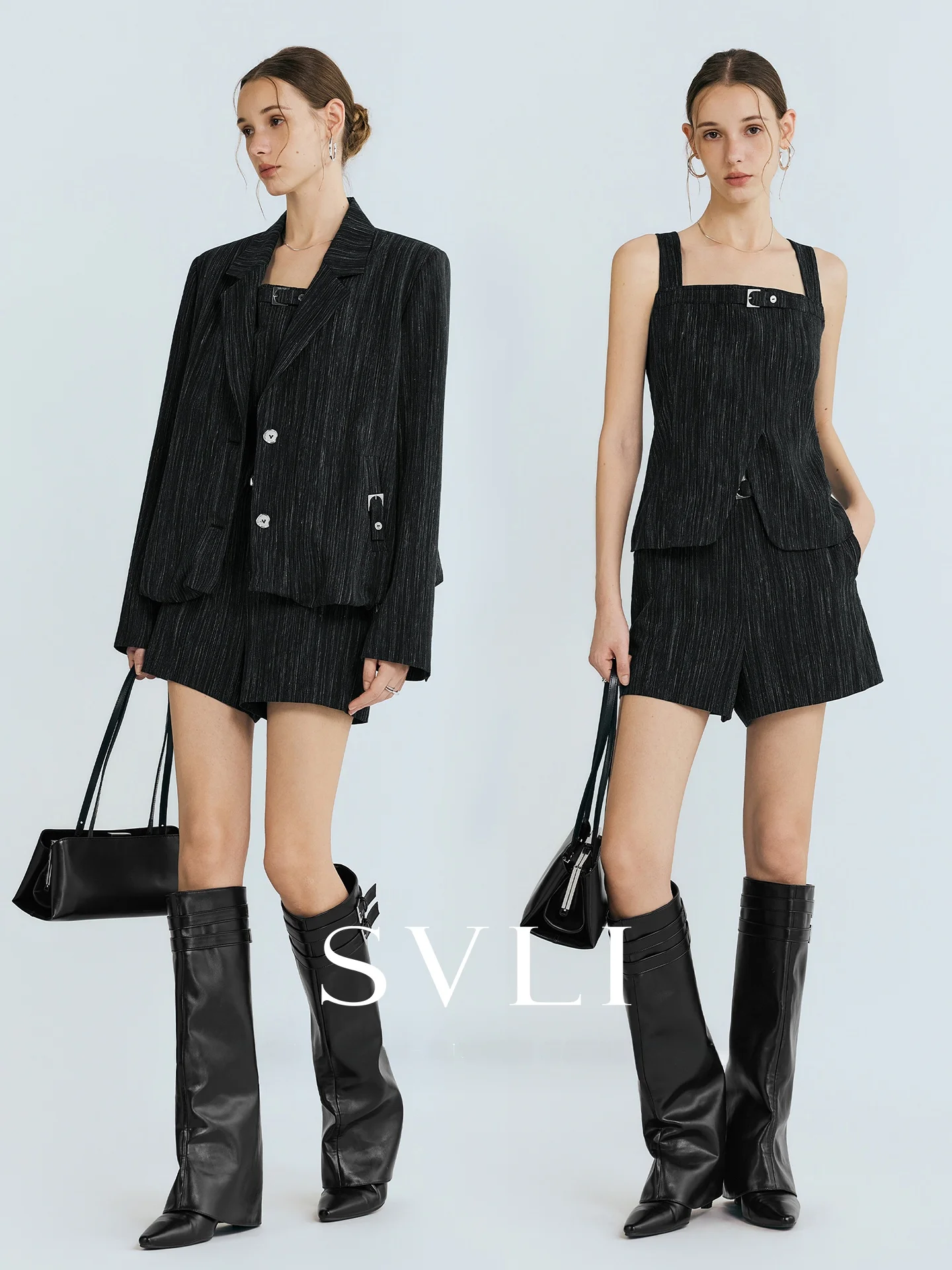 

SVLI Black Silver Lurex Texture Square Buckle Wave Suit One Shoulder Vest Shorts Long Sleeve Striped Women's Spring Fashion