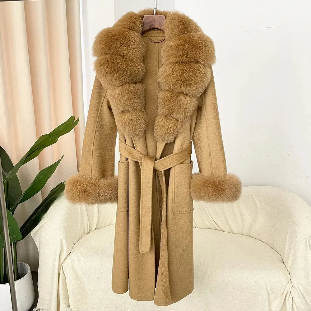 2024   Natural Fox Fur Collar Real Fur Coat Winter Jacket Women Belt Warm Coat Street Wear  Winter Coat Women  Fox Fur Coat