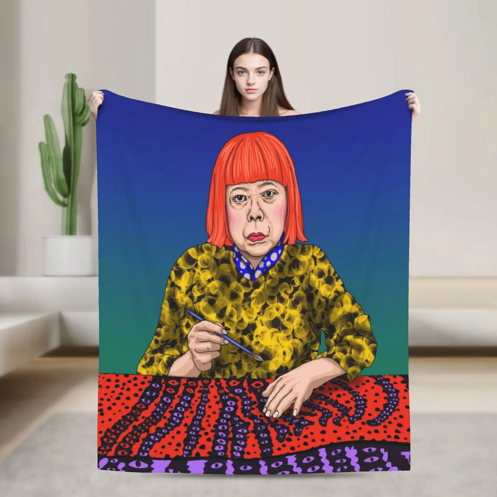 Knitted Blanket Fleece Yayoi Kusama Art Abstract Dots Pumpkin Polka Pop Aesthetic Throw Blanket for Car Sofa Couch Bedspread