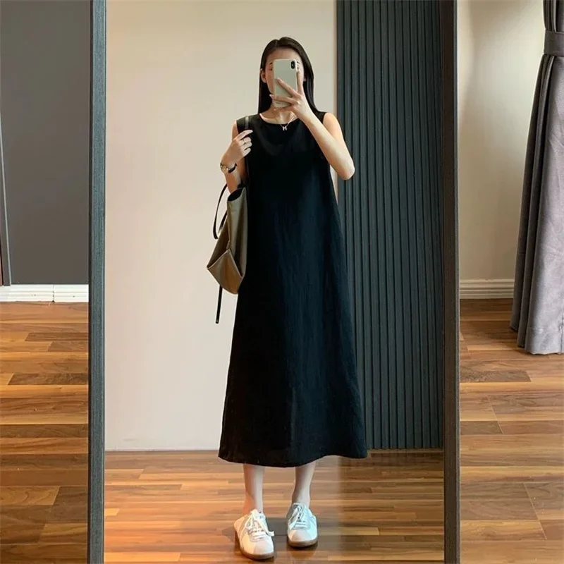 2025年新作 夏 ノースリーブ リネン ミディ丈 ベストワンピース レディース ゆったり マッシュルームボタン Aライン カジュアルワンピース ファッション Oネック