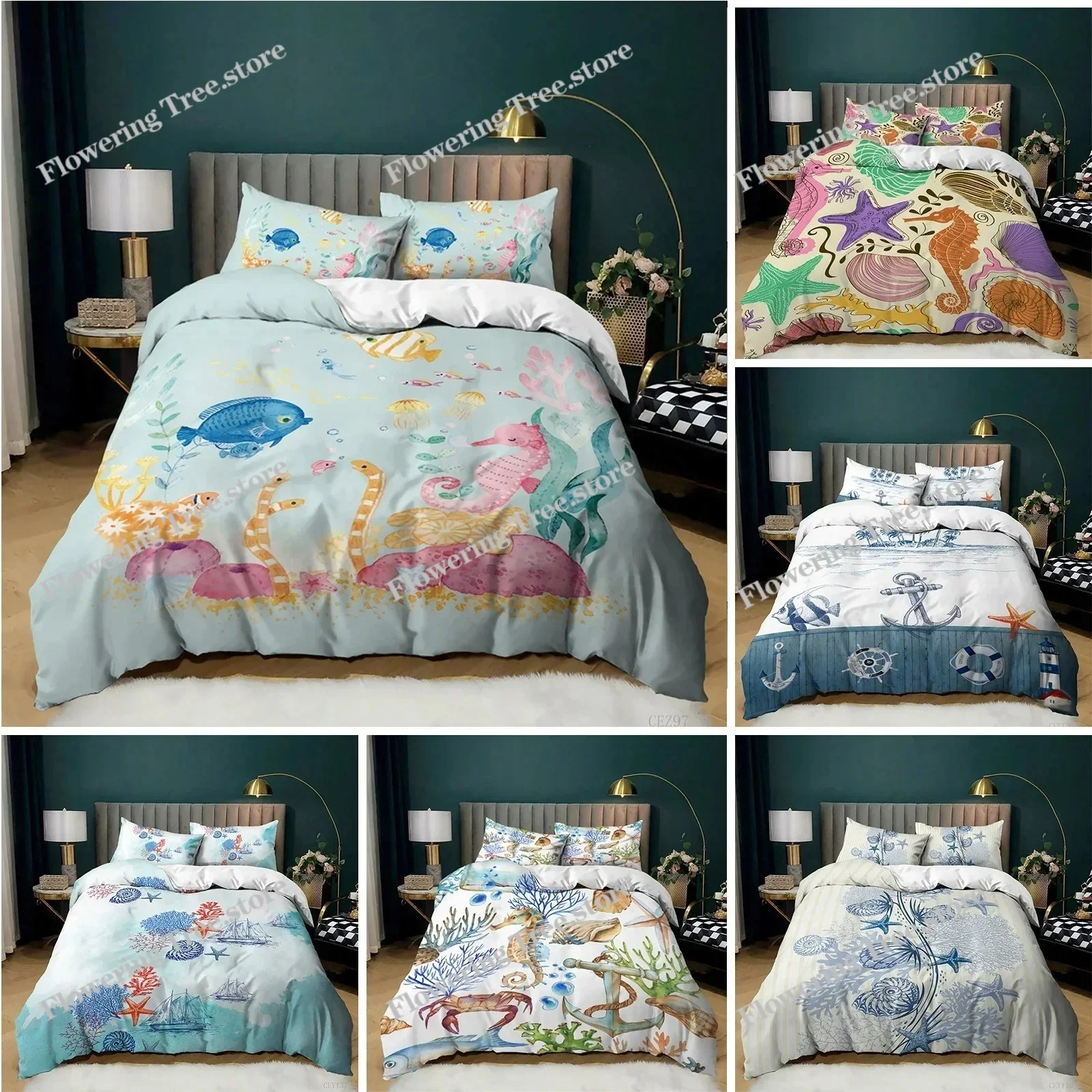 

Ocean Bedding Set KingQueen Size Nautical Coastal Bedding,hippocampus Comforter Cover for Kid Boys Girls,Sea Animal Duvet Cover