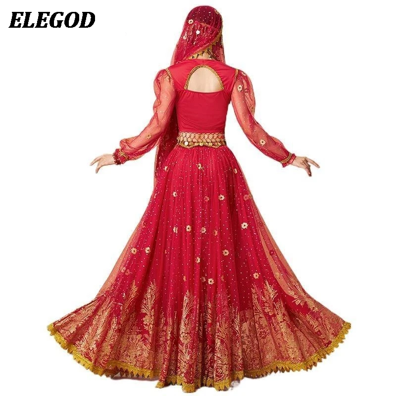 السيدات هالوين تأثيري أداء الزي النساء الرقص الشرقي سوينغ كبير فستان طويل الهندي بوليوود الياسمين الأميرة زي مجموعة #6