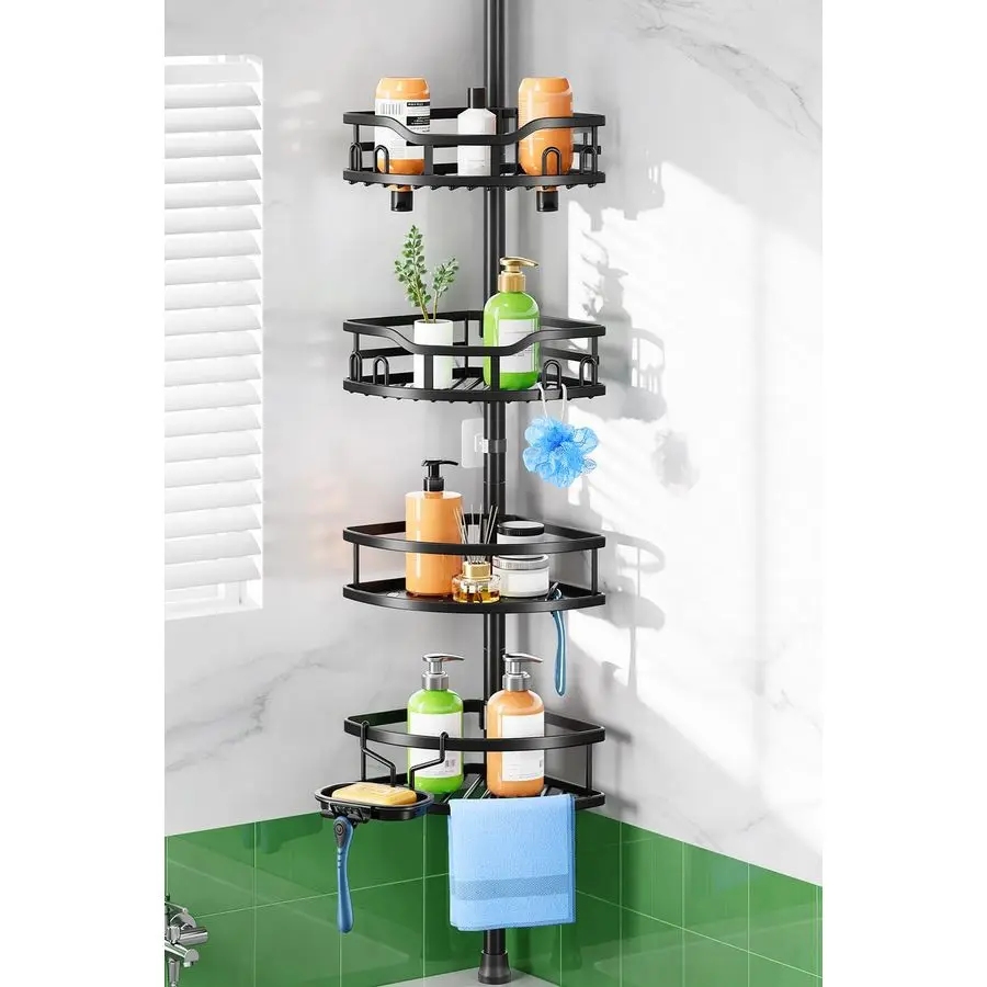 

Угловая полка-органайзер для душа на напольной стойке с регулируемой высотой, нержавеющая, быстрая установка, 4-ярусная, большая вместимость, для арендаторов