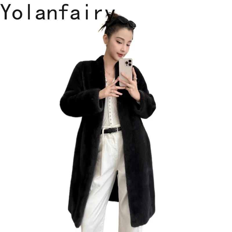 YOLANFAIRY Long Purple Label Velvet Mink Fur Coat Women Furry Overcoat Warm Winter Fur Jacket V-neck Tops Outerwear Шуба 103cm