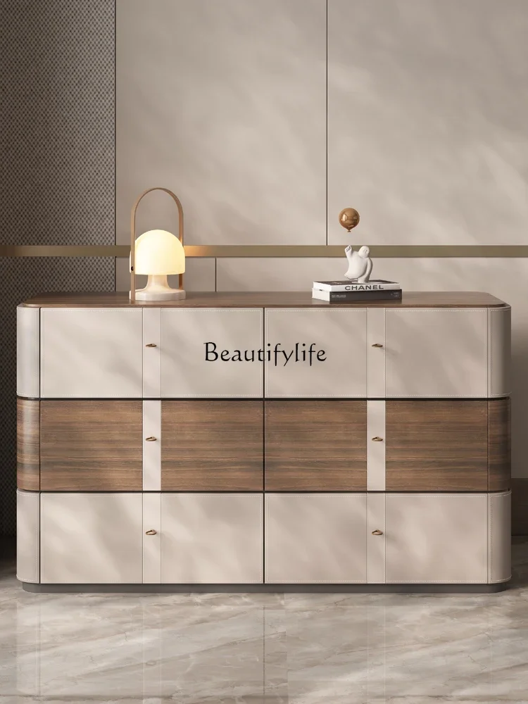 

FG28Italian Minimalist Light Luxury Solid Wood Chest of Drawers Walnut Color Saddle Leather Large Capacity Locker