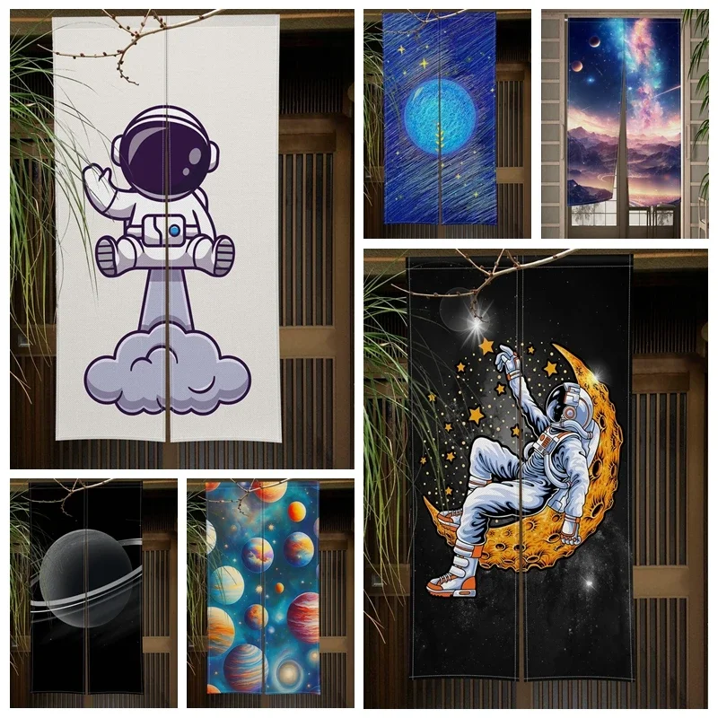 Moon Night Astronaut Door Curtain Japanese Noren Doorway Curtains Kitchen Lzakaya Entrance Hanging Half-Curtain Room Decorations