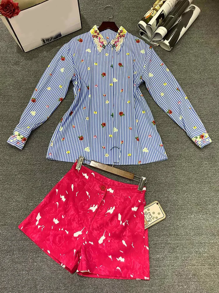 Women\'s Blue Striped Flower Print Shirt and Shorts Suit, Turn-Down Collar, Beading, High Street Sweets,  2 Piece Set